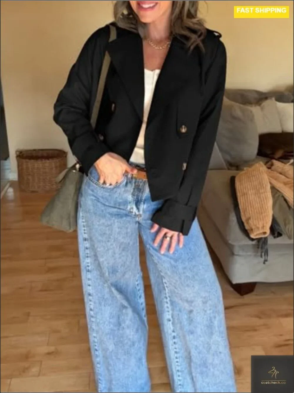 Women's Cropped Trench Coat Double Breasted Notched Lapel Lightweight Jacket